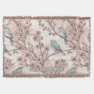 Blaue Pastellvögel mit rosa Kirschblüten Decke