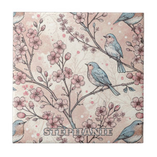 Blaue Pastellvögel mit rosa Kirschblüten Fliese