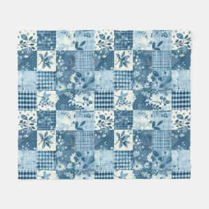 Blaue Patchwork-Quilt-Gingham-Cottagecore-Blumen Fleecedecke