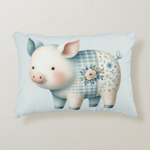 Blaue Patchwork-Schwein-Cottagecore-Illustration Dekokissen