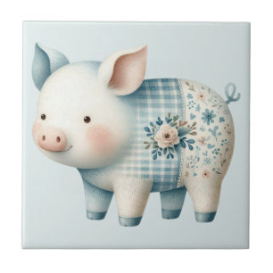 Blaue Patchwork-Schwein-Cottagecore-Illustration Fliese