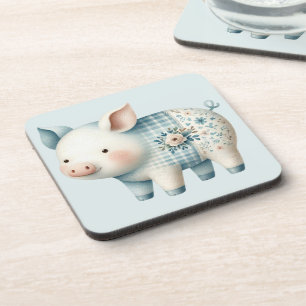 Blaue Patchwork-Schwein-Cottagecore-Illustration Getränkeuntersetzer
