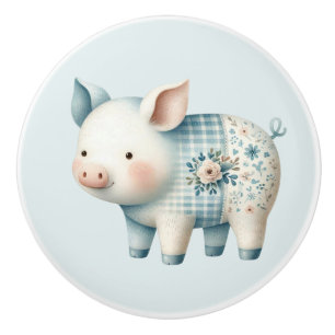 Blaue Patchwork-Schwein Cottagecore-Illustration Keramikknauf