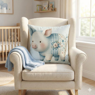 Blaue Patchwork-Schwein Cottagecore-Illustration Kissen