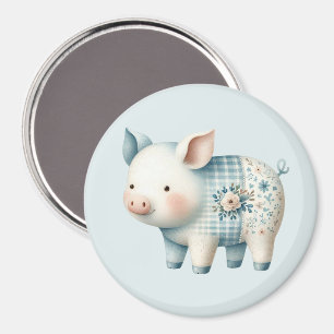 Blaue Patchwork-Schwein-Cottagecore-Illustration Magnet