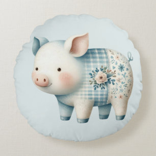 Blaue Patchwork-Schwein Cottagecore-Illustration Rundes Kissen