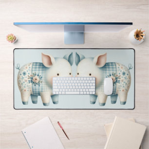 Blaue Patchwork-Schwein Cottagecore-Illustration Schreibtischunterlage