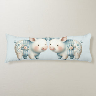 Blaue Patchwork-Schwein-Cottagecore-Illustration Seitenschläferkissen