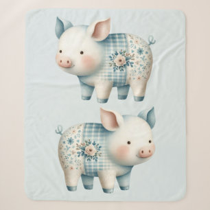 Blaue Patchwork-Schwein-Cottagecore-Illustration Sherpadecke