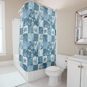 Blaue Patchworkdecke Rustikal Floral Retro Duschvorhang