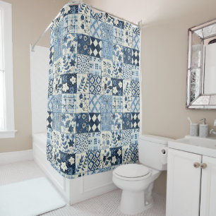 Blaue Patchworkdecke Rustikal Floral Retro Duschvorhang