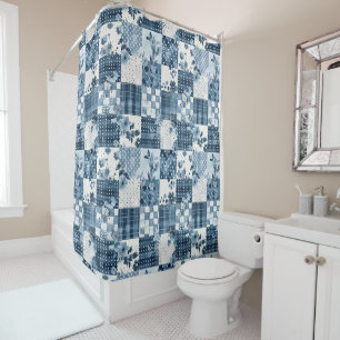 Blaue Patchworkdecke Rustikale Blumen Retro Duschvorhang