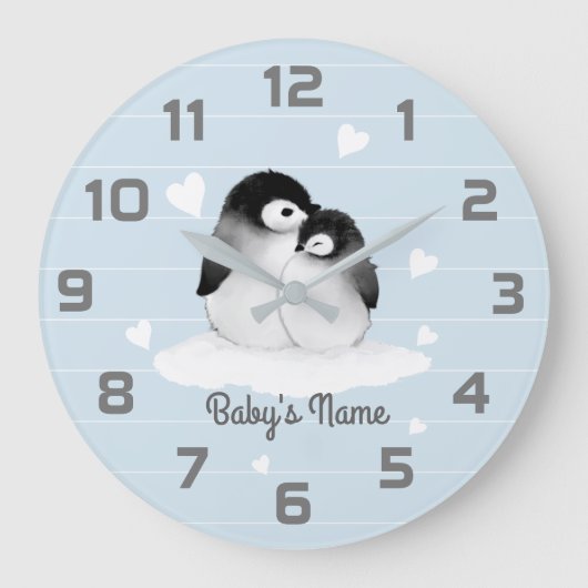 Blaue Penguins-Herz-Kinderzimmer-Dekor-Wand-Uhr Große Wanduhr (Vorderseite)