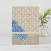 BLAUE PEONIES & DAMASK ~ Einladungskarte (Stehend Vorderseite)