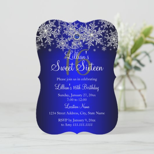 Blaue Perle Silberschneeflocke Süß 16 Einladung (Stehend Vorderseite)