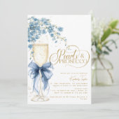 Blaue Perlen aus Bow, Prosecco-Brautparty Einladung (Stehend Vorderseite)