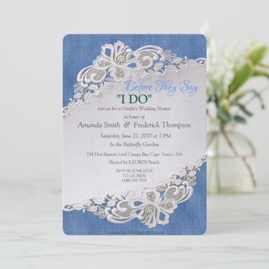 Blaue Perlen, Spitzen und Elfenbein Einladung (Stehend Vorderseite)