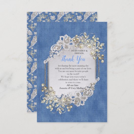 Blaue Perlen, Spitzen und Elfenbein RSVP Karte (Vorne/Hinten)