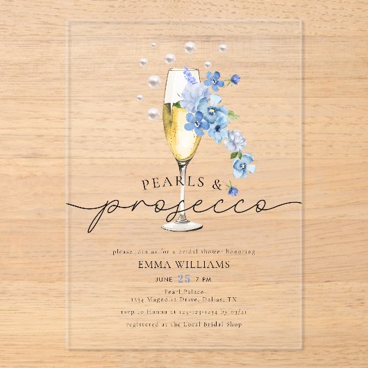 Blaue Perlen und Prosecco-Brautparty Acryleinladungen (Vorderseite)