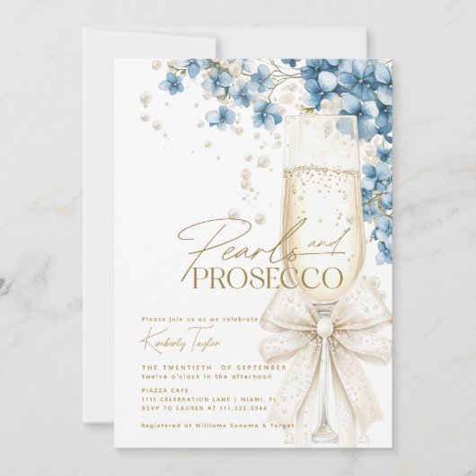 Blaue Perlen und Prosecco-Brautparty Einladung (Vorderseite)