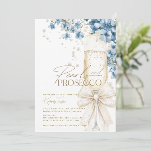 Blaue Perlen und Prosecco-Brautparty Einladung (Stehend Vorderseite)