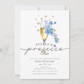 Blaue Perlen und Prosecco-Brautparty Einladung (Vorderseite)