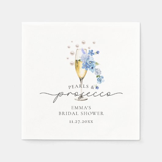 Blaue Perlen und Prosecco-Brautparty Serviette (Vorderseite)