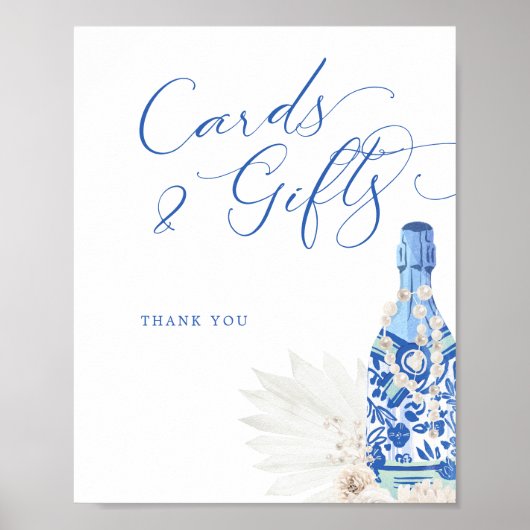 Blaue Perlen und Prosecco Karten Zeichen Poster (Vorne)