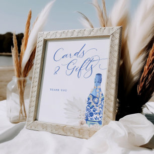 Blaue Perlen und Prosecco Karten Zeichen Poster