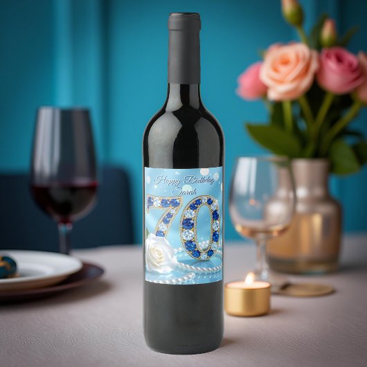 Blaue Perlen und Weiße Rose 70. Geburtstag Weinetikett