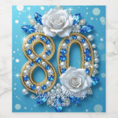 Blaue Perlen und Weiße Rosen 80. Geburtstag Weinetikett (Einzelnes Label)