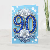 Blaue Perlen und Weiße Rosen 90. Geburtstag Karte (Vorderseite)