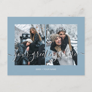 Blaue Personalisierte 2 Fotos Universelle Grüße Postkarte