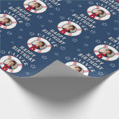Blaue personalisierte Baseball-Geburtstagsfoto Geschenkpapier (Ecke)