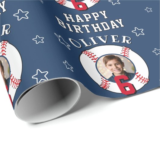 Blaue personalisierte Baseball-Geburtstagsfoto Geschenkpapier (Rolleneckpunkt)