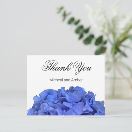 Blaue Perwinkle, elegante Blumenhydrangeas Dankeskarte (Stehend Vorderseite)