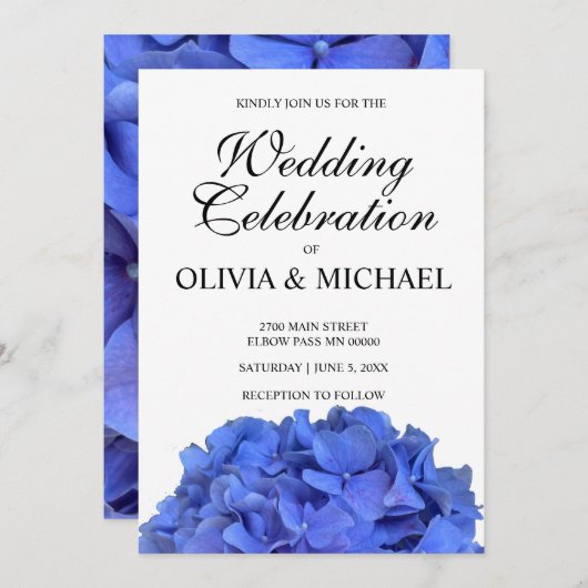 Blaue Perwinkle elegante Blumenhydrangeas Hochzeit Einladung (Vorne/Hinten)