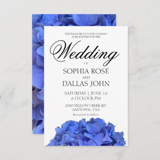 Blaue Perwinkle elegante Blumenhydrangeas Hochzeit Einladung (Vorne/Hinten)