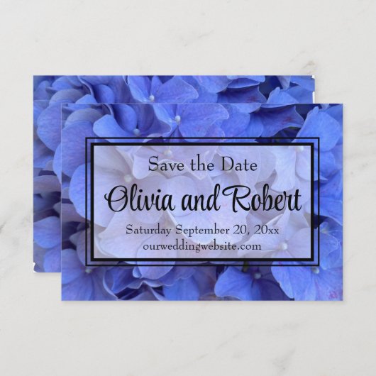Blaue Perwinkle, elegante Blumenhydrangeas Save The Date (Vorne/Hinten)