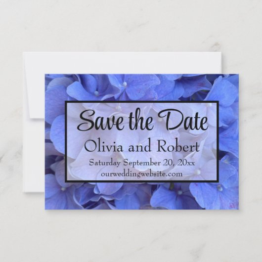 Blaue Perwinkle, elegante Blumenhydrangeas Save The Date (Vorderseite)