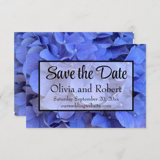 Blaue Perwinkle, elegante Blumenhydrangeas Save The Date (Vorne/Hinten)