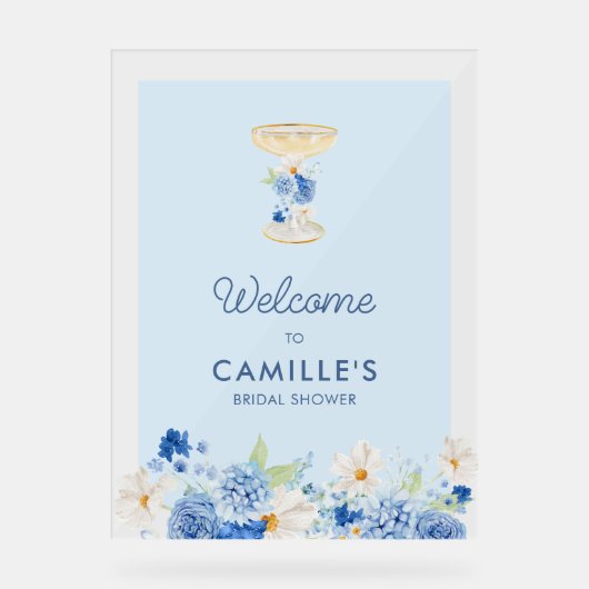 Blaue Petalen und Prosecco Begrüßung Akryllische Z Acrylschild (Vorderseite)