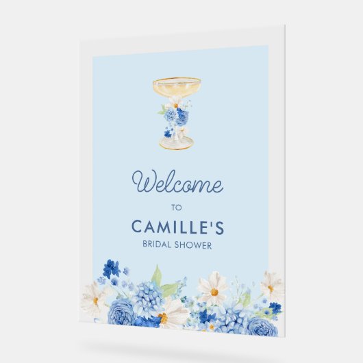 Blaue Petalen und Prosecco Begrüßung Akryllische Z Acrylschild (Winkel)