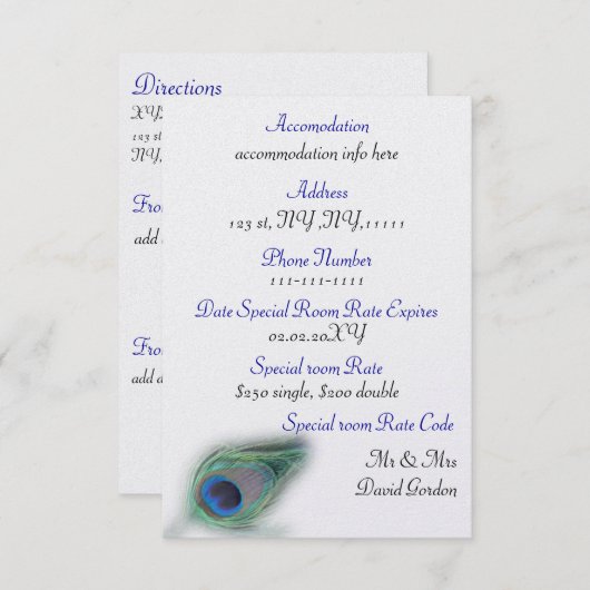 Blaue Pfau 3.5 x 5 Unterkunft Begleitkarte (Vorne/Hinten)