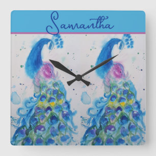 Blaue Pfau-Aquarellmalerei Mädchenname Quadratische Wanduhr