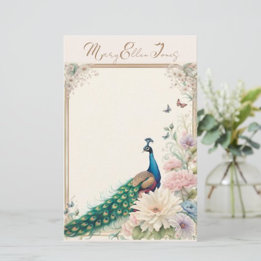 Blaue Pfaue im Blumengarten Pasta Briefpapier (Stehend Vorderseite)