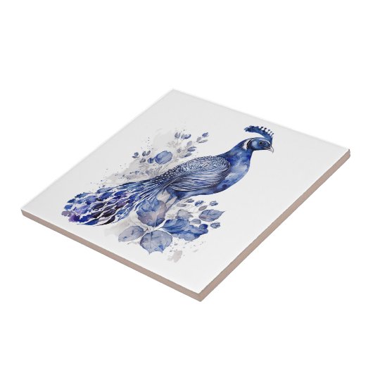 Blaue Pfaue im Delft-Stil mit Blume Fliese (Seite)