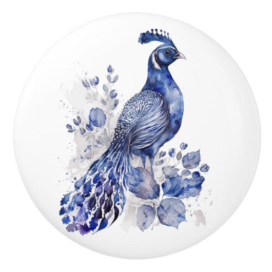 Blaue Pfaue im Delft-Stil mit Blume Keramikknauf (Vorderseite)