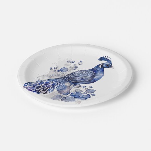 Blaue Pfaue im Delft-Stil mit Blume Pappteller (Schrägansicht)