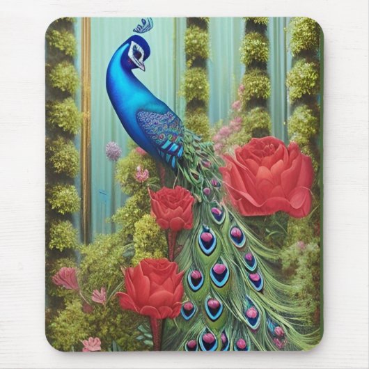 Blaue Pfaue in Rose und Garten des Himmlischen Fri Mousepad (Vorne)